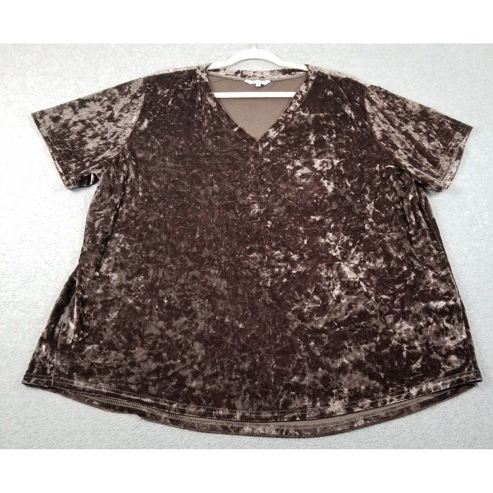 Amaryllis Top‎ Women's 3X Plus Brown Crushed Velvet Short Sleeve Blouse Stretch